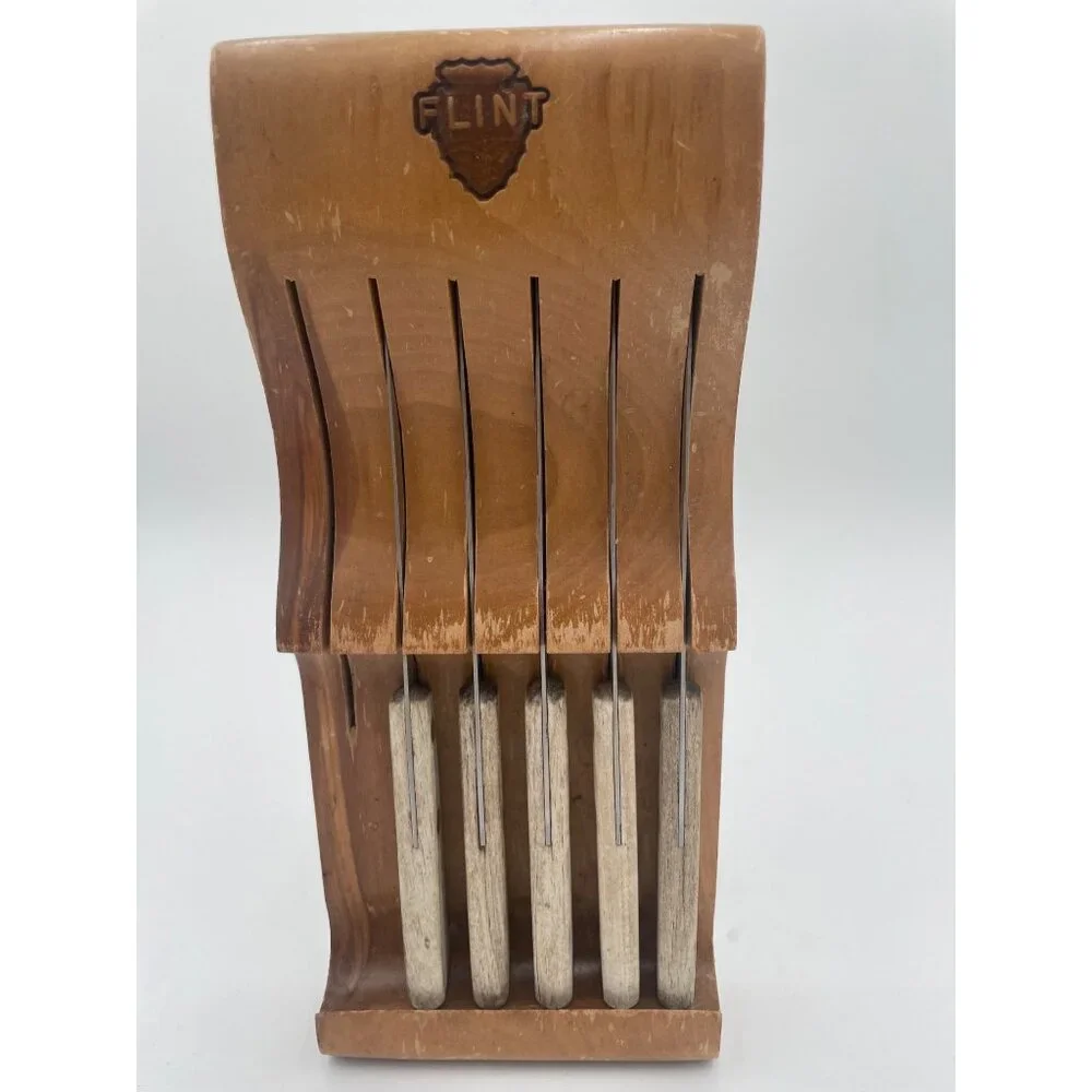 Vintage Flint Stainless Steel Steak Knife Set With Wood Block Holder